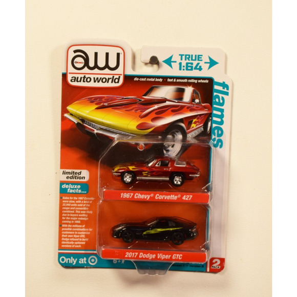 Auto World 2 Pack Flames 1967 Chevy Corvette 427 & 2017 Dodge Viper GTC - Picture 1 of 5